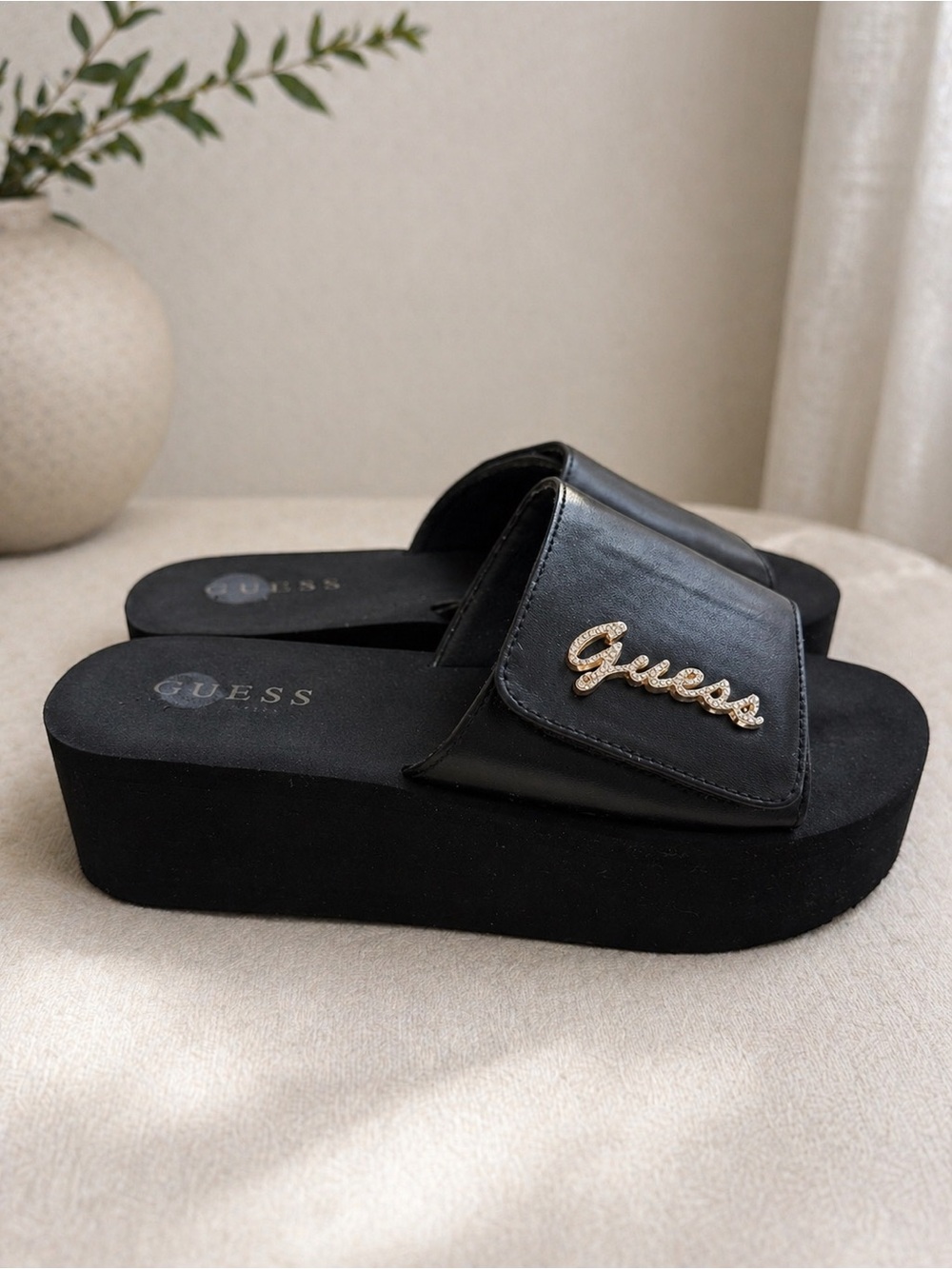 Guess Black Platform Slide Sandals with Gold Logo Accent